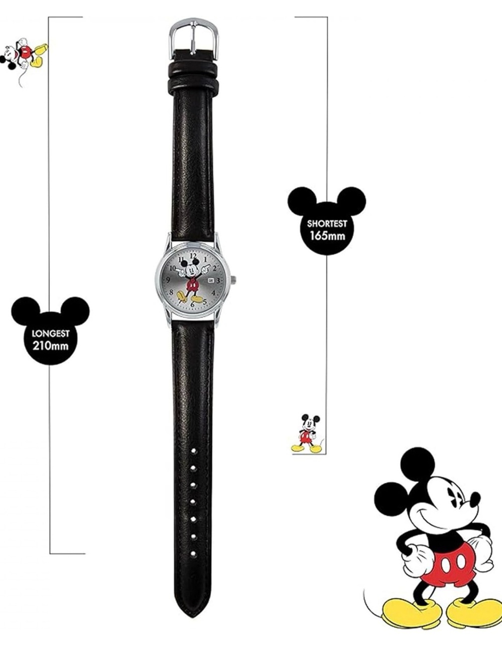 Disney Silver Dial Mickey Mouse Watch with Black Leather Strap